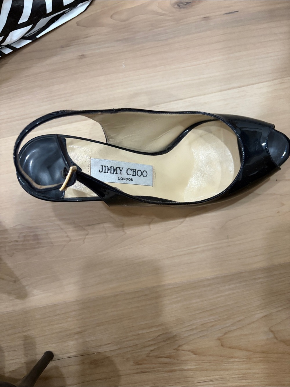 Jimmy Choo Black Patent Leather Peep-Toe Slingback Heel